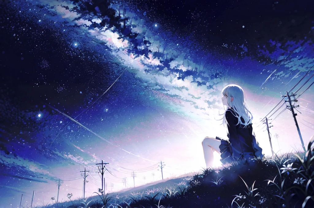 whole body, One girl, Sitting, Black Hair, Colored eyelashes, Starry Sky,