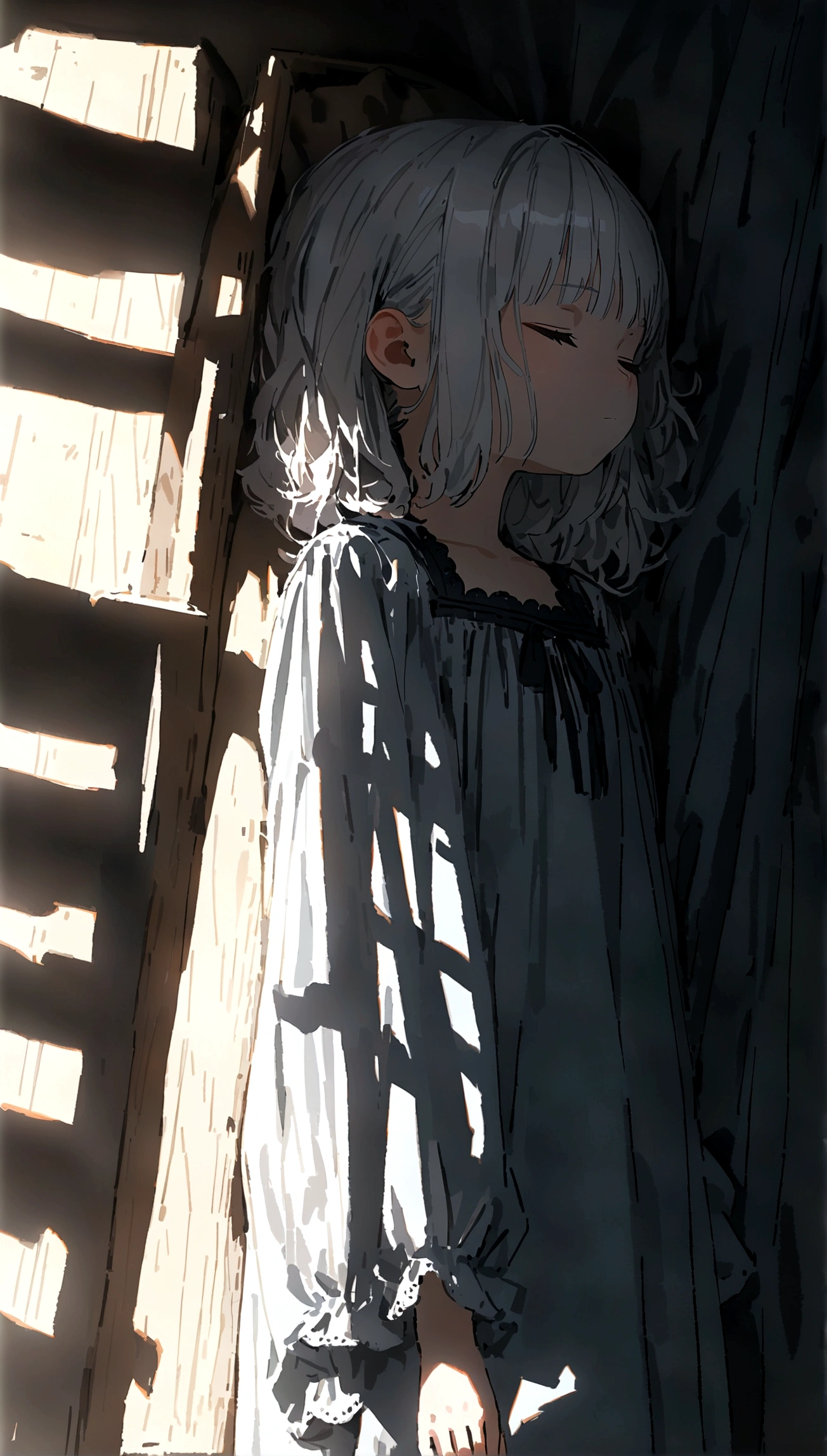 Masterpiece, Top quality, Super detail, 8K, Detailed light, Detailed shadows, primitive, (Detailed skin), (Real: 1.2),, 1 Nordic girl, face, (9 ), White hair, Slept in a luxury bed, Nightdress