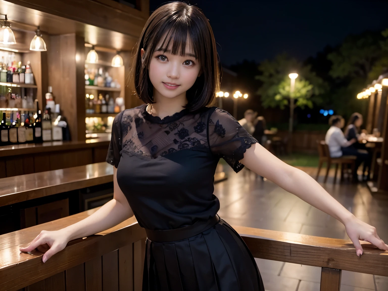 (Highest quality, masterpiece, Ultra-high resolution, 8K, RAW Photos, Realistic, Anatomically correct:1.5), high school girl、20-year-old girl:1.2, Embarrassing, avert your eyes, blush:1.0, View Viewer, ((restaurant with big windows)) 、Night view、 Light:1.2, Bokeh, Cinema Lighting:1.0, Depth of written boundary, sharp、 Cute face、Idol、Black Henley Shirt、Black pleated skirt、Black clothing、”dwarf”、Full Body Shot、Cowboy Shot、(( smile))、(Ultra short hair)、(Medium Hair)、(Straight bangs)、((One woman))、