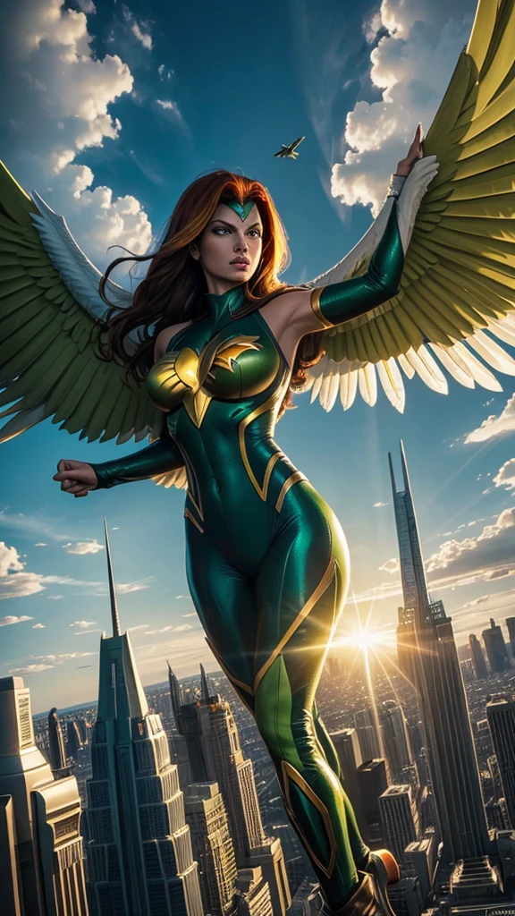 SHAYERA, HAWKGIRL (( DC COMICS )) , FLYING OVER ALIEN SPACESHIP, DAYLIGHTS, SUN, BUILDINGS, GREEN YELLOW BODYSUIT, WHITE WINGS, WINGED WOMAN, MASTER PIECE OF ART, HIGH DETAILED IMAGE.