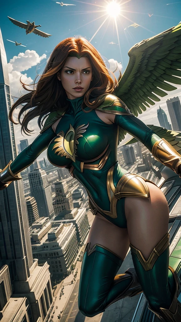 SHAYERA, HAWKGIRL (( DC COMICS )) , FLYING OVER ALIEN SPACESHIP, DAYLIGHTS, SUN, BUILDINGS, GREEN YELLOW BODYSUIT, WHITE WINGS, WINGED WOMAN, MASTER PIECE OF ART, HIGH DETAILED IMAGE.