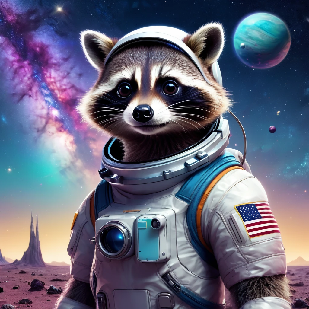 Create an incredibly captivating and whimsical image featuring an "Adorable Raccoon Humanoid Astronaut." Picture a cute, humanoid raccoon dressed in a sleek, high-tech astronaut suit, complete with a clear helmet that reveals its curious, bright eyes and expressive face. The raccoon is standing on the surface of a vibrant, alien planet with a spectacular cosmic backdrop of swirling galaxies, colorful nebulae, and distant stars.
In the foreground, the raccoon is holding a futuristic gadget, examining an otherworldly plant that glows with bioluminescent light. Surrounding the raccoon are various alien flora and fauna, each with unique and fantastical designs, adding to the sense of wonder and exploration.
The raccoon's suit features a small emblem of a rocket and paw print, emphasizing its adventurous spirit. The color palette should be a mix of deep space blues and purples, contrasted by the bright, neon colors of the alien environment and the warm, inviting tones of the raccoon's fur.
The entire image should evoke a sense of joy, adventure, and discovery, capturing the charming and heroic essence of this adorable raccoon astronaut in a beautifully imagined extraterrestrial setting.