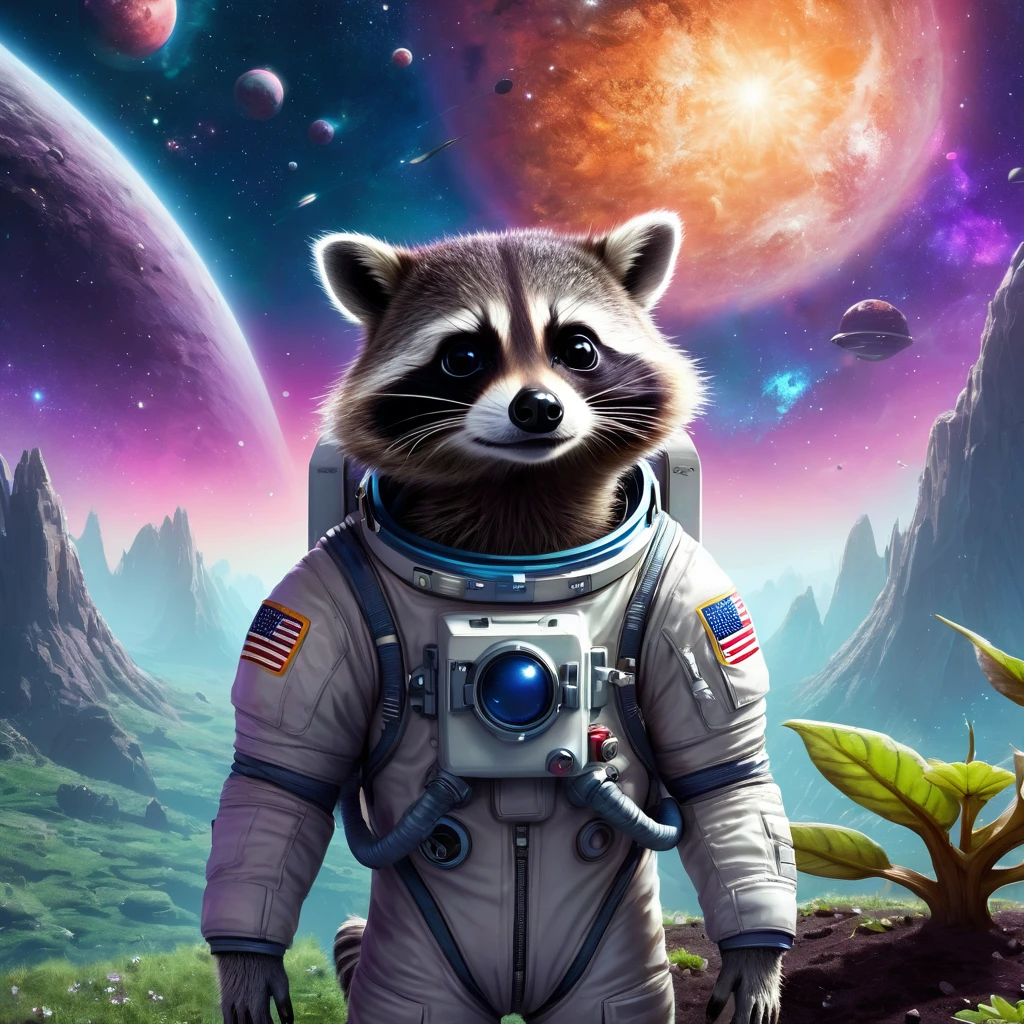 Create an incredibly captivating and whimsical image featuring an "Adorable Raccoon Humanoid Astronaut." Picture a cute, humanoid raccoon dressed in a sleek, high-tech astronaut suit, complete with a clear helmet that reveals its curious, bright eyes and expressive face. The raccoon is standing on the surface of a vibrant, alien planet with a spectacular cosmic backdrop of swirling galaxies, colorful nebulae, and distant stars.

In the foreground, the raccoon is holding a futuristic gadget, examining an otherworldly plant that glows with bioluminescent light. Surrounding the raccoon are various alien flora and fauna, each with unique and fantastical designs, adding to the sense of wonder and exploration.

The raccoon's suit features a small emblem of a rocket and paw print, emphasizing its adventurous spirit. The color palette should be a mix of deep space blues and purples, contrasted by the bright, neon colors of the alien environment and the warm, inviting tones of the raccoon's fur.

The entire image should evoke a sense of joy, adventure, and discovery, capturing the charming and heroic essence of this adorable raccoon astronaut in a beautifully imagined extraterrestrial setting.