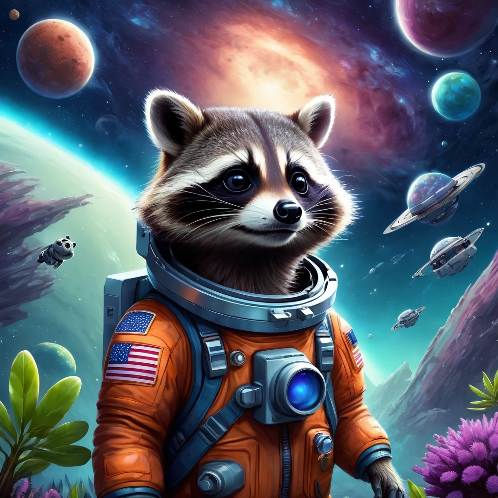 Create an incredibly captivating and whimsical image featuring an "Adorable Raccoon Humanoid Astronaut." Picture a cute, humanoid raccoon dressed in a sleek, high-tech astronaut suit, complete with a clear helmet that reveals its curious, bright eyes and expressive face. The raccoon is standing on the surface of a vibrant, alien planet with a spectacular cosmic backdrop of swirling galaxies, colorful nebulae, and distant stars.
In the foreground, the raccoon is holding a futuristic gadget, examining an otherworldly plant that glows with bioluminescent light. Surrounding the raccoon are various alien flora and fauna, each with unique and fantastical designs, adding to the sense of wonder and exploration.
The raccoon's suit features a small emblem of a rocket and paw print, emphasizing its adventurous spirit. The color palette should be a mix of deep space blues and purples, contrasted by the bright, neon colors of the alien environment and the warm, inviting tones of the raccoon's fur.
The entire image should evoke a sense of joy, adventure, and discovery, capturing the charming and heroic essence of this adorable raccoon astronaut in a beautifully imagined extraterrestrial setting.