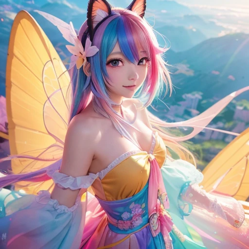 anime style red panda woman with neon colorful hair, pale blue eyes, flowers and crystals coming out of skin, wearing fluffly clothing, colorful glowing butterfly wings dark environment 
