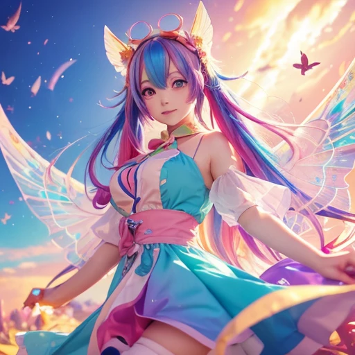 Anime girl with colorful hair and colorful dress, rossdraws pastel vivid, rossdraws cartoon vibrant, Anime Style 4k, Beautiful anime portraits, art germ colorful!!!, ! Dream Art Germ, Beautiful Anime Girls, Anime style digital art, anime art wallpaper 4k, anime art wallpaper 4k, Digital anime art, Highly detailed art gems　Butterfly Wings