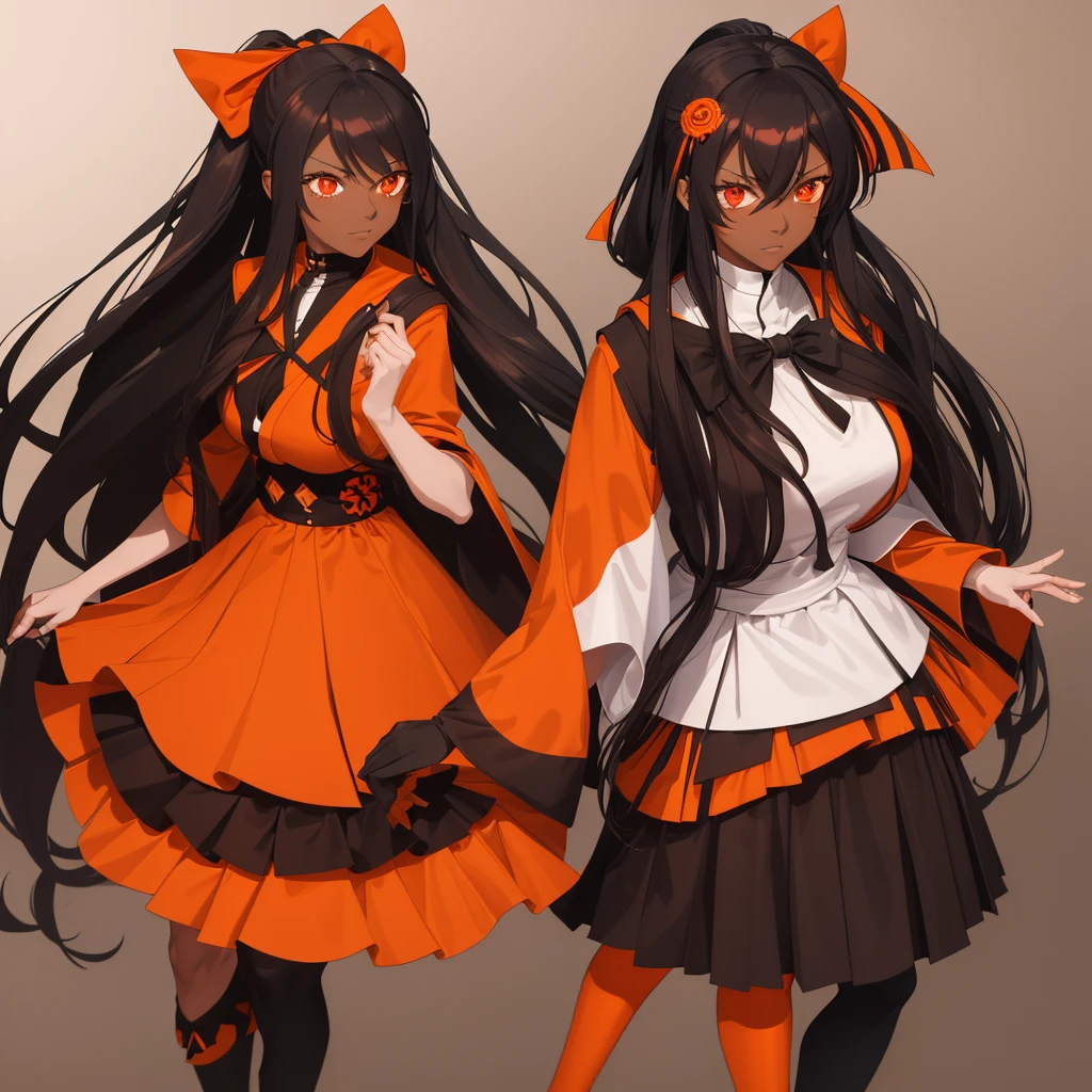 dark-skinned adult woman with very long black hair with a ponytail and an orange bow, brown uniform with a skirt with orange tights wearing an orange, red and white robe holding a red and orange katana, orange and red eyes kimetsu no yaiba Style