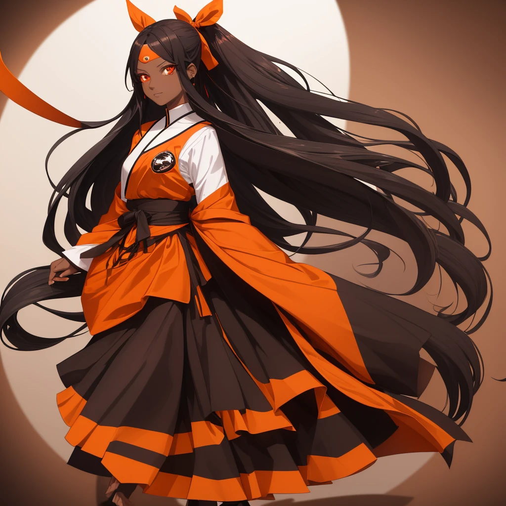  dark-skinned adult woman with very long black hair with a ponytail and an orange bow, brown uniform with a skirt with orange tights wearing an orange, red and white robe holding a red and orange katana, orange and red eyes kimetsu no yaiba Style 