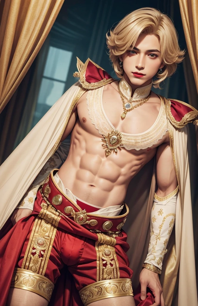 Male, femboy, prince, femboy prince, royalty, effeminate boy, feminine boy, boy, boy that looks like a girl, boywife, bulge, crotch bulge, blonde hair, red lipstick.