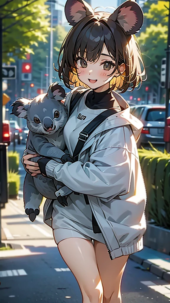 Cute girl with koala ears walking with a koala