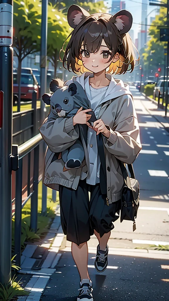 Cute girl with koala ears walking with a koala