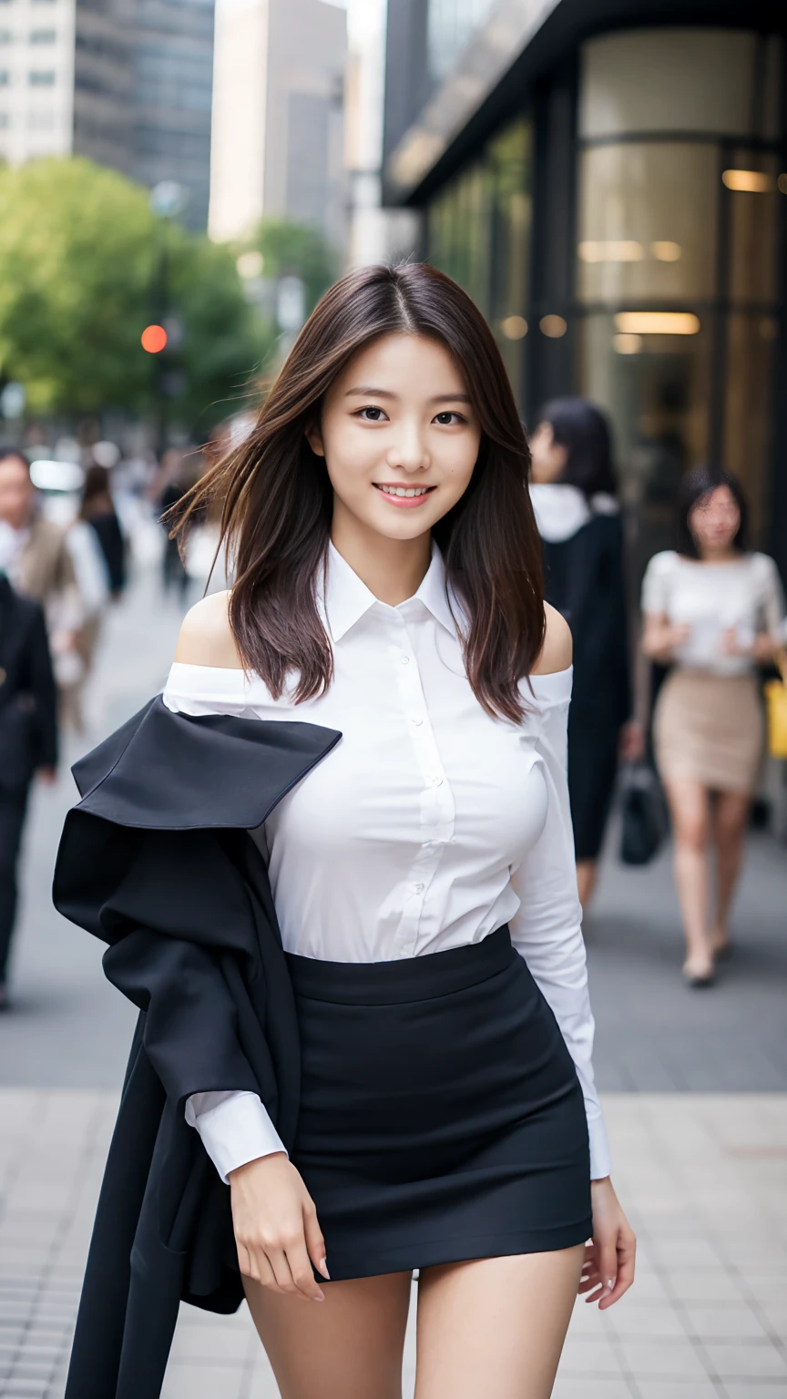 Office lady in Japanese bank clerk uniform、lunch、Walking around the city、smile、Tight mini skirt、masterpiece,best quality,ultra detailed,highres,high-resolution,4k,realistic,RAW photo,((real person)),portrait photography,photorealistic,detailed skin,(delicate black eyes ), A soothing woman with sagging eyes,Calm and calm, middle hair,skinny,clothing,The wind is blowing,tareme、(Large breasts),Off-the-shoulder shirt、