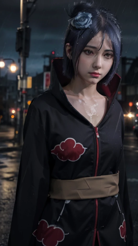 1girl,solo,konan \(naruto\),(upper body:1.2),akatsuki outfit,narrow waist,looking at viewer,masterpiece,best quality,absurdres,highly detailed,photo realistic,best shadow,dramatic lighting,depth of field,outdoors,rain,city,night,