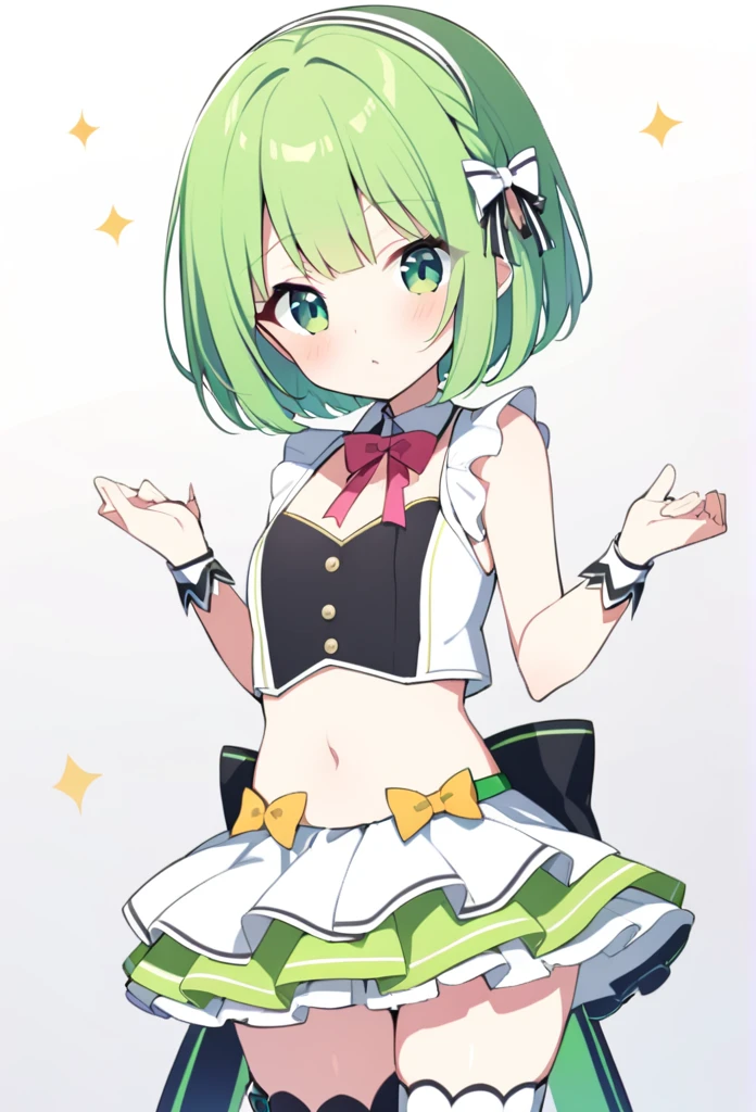 1 girl, cute, young, green hair, bob haircut, green eyes, idol costume, thigh high,