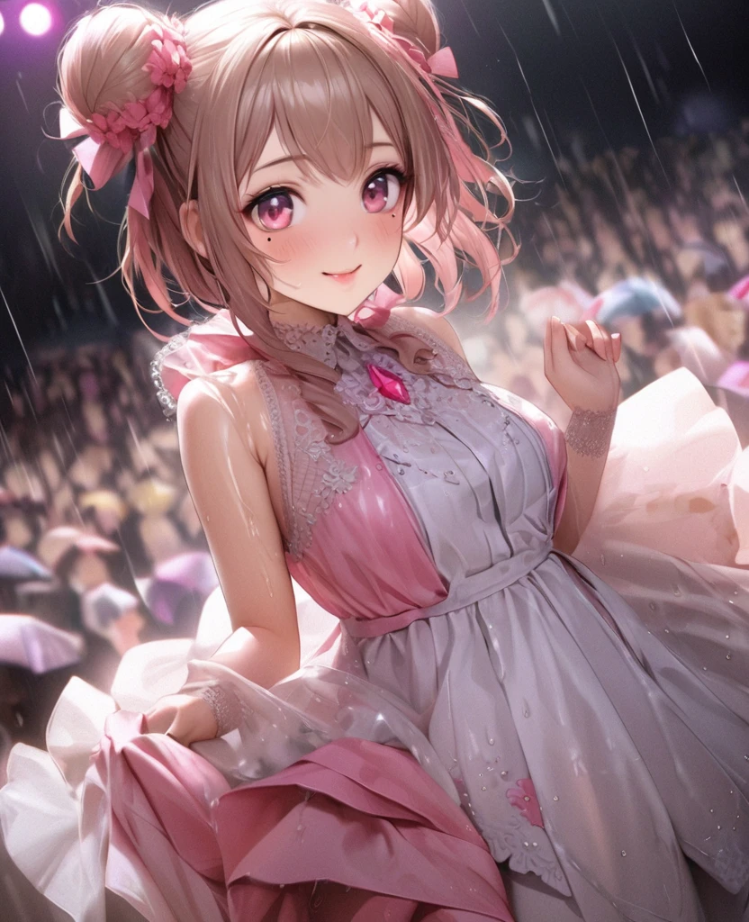 One Girl、Looking at the audience、lovely,
Beautiful pink eyes、Two brown double hair buns , Mole under the eye、Plump and glossy lips、Heart-shaped choca、Idol、Her name is May,smile、ー、。.。.。.。.。.。.。.。.。.。.。.。.。.。.。.。.。.。.3D、Realistic、
The idol's costume was soaked in the heavy rain, and her chest was wet and transparent.Heavy rain at outdoor concert, Drape clothes、gem、The decoration has been removed、Floral、Lace trim,On a glittering stage、
masterpiece、highest quality、8k、Detailed skin texture、Detailed cloth texture、Beautifully detailed face、Intricate details、Very detailed、
超A high resolution、8k Ultra HD、Film Grain、Best Shadow、delicate、Gazing at the audience、front