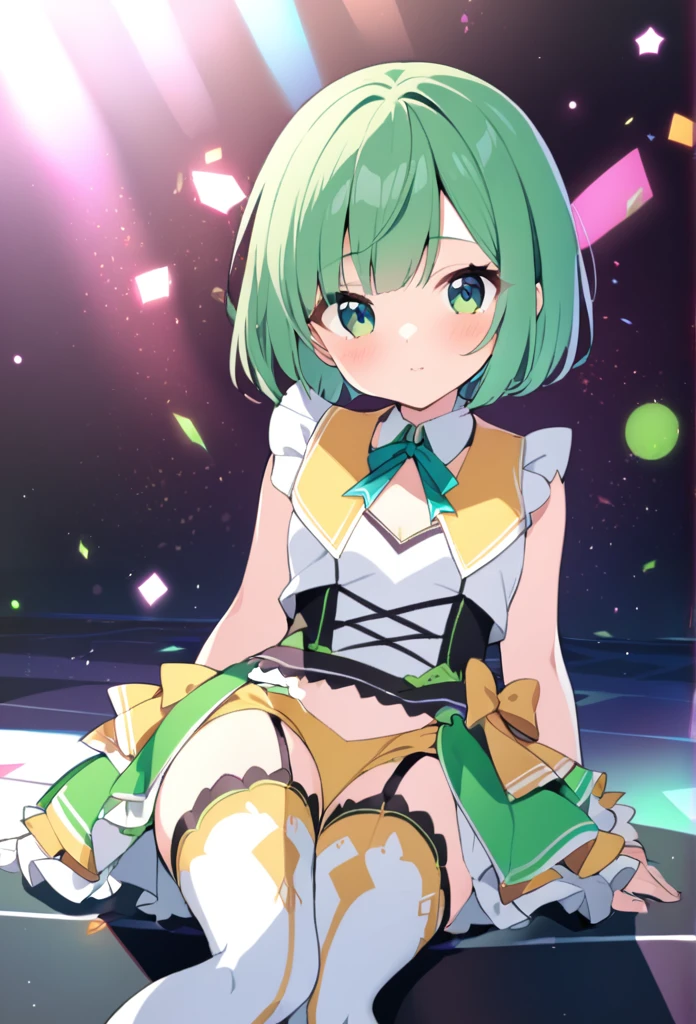 1 girl, cute, young, green hair, bob haircut, green eyes, idol costume, thigh high,