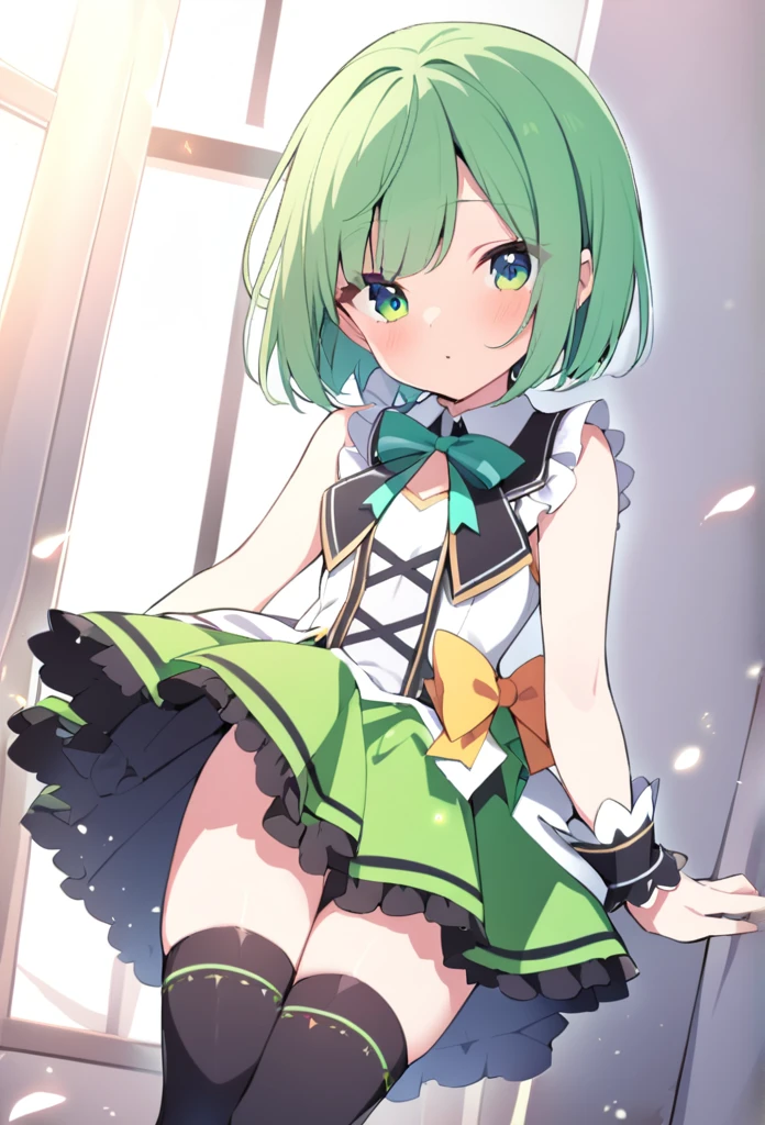 1 girl, cute, young, green hair, bob haircut, green eyes, idol costume, thigh high,