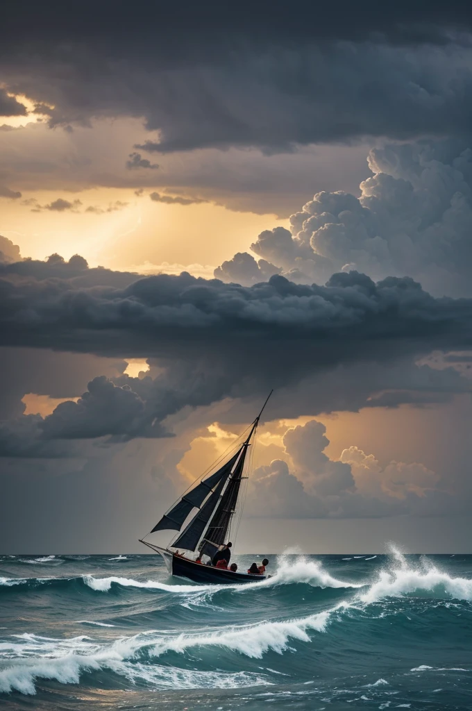 Create an image depicting an ocean during a stormy night. The sky is dark and cloudy, intermittently lit by flashes of lightning illuminating the horizon. The sea is turbulent, with tall and powerful waves crashing against a rocky coastline. In the center of the composition, include a small silhouette of a person in a boat. The figure is dressed in a traditional Japanese robe and wears a straw hat. Despite the storm, the person in the boat appears calm and determined, rowing vigorously against the waves.
Capture the essence of Japanese art with delicate and elegant brush strokes to depict the waves and clouds. Use a muted color palette with dark tones to convey a sense of mystery and drama. Ensure the overall composition reflects the serene yet resilient spirit of the individual confronting the elements amidst the tumultuous ocean scene.