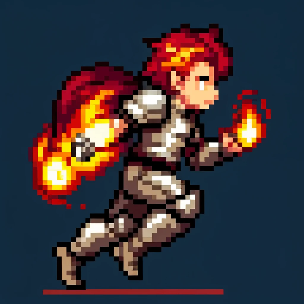 ((Side view)), full body, solid background, top down, rpg, pixel,pixel art,pixelart,xiangsu,xiang su, a ancient knight, 5 frames, running right, hell born, fire element, red hair,