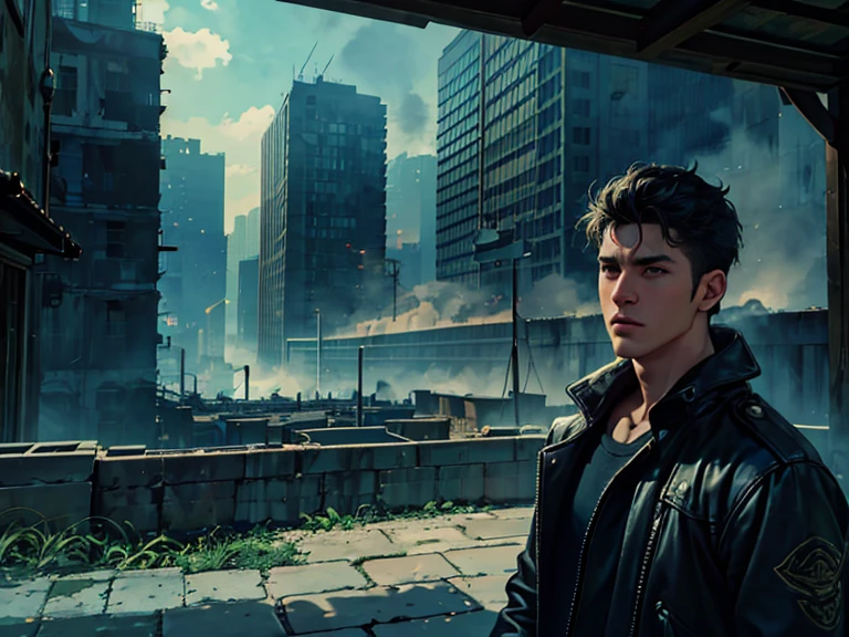 a man, 25 years old, black hair, hazel eyes, 6'1" height, rugged, muscular, standing on a rooftop, city in ruins behind him, smoke and fire emitting from the buildings, (best quality,4k,8k,highres,masterpiece:1.2),ultra-detailed,(realistic,photorealistic,photo-realistic:1.37),hyperrealistic, dramatic lighting, cinematic, moody atmosphere, dystopian, apocalyptic. Close up of face