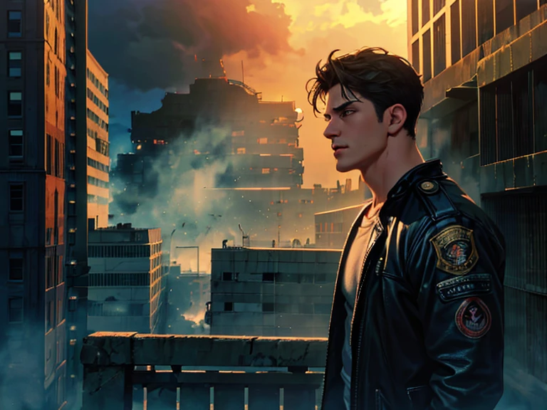 a man, 25 years old, black hair, hazel eyes, 6'1" height, rugged, muscular, standing on a rooftop, city in ruins behind him, smoke and fire emitting from the buildings, (best quality,4k,8k,highres,masterpiece:1.2),ultra-detailed,(realistic,photorealistic,photo-realistic:1.37),hyperrealistic, dramatic lighting, cinematic, moody atmosphere, dystopian, apocalyptic. Close up of face