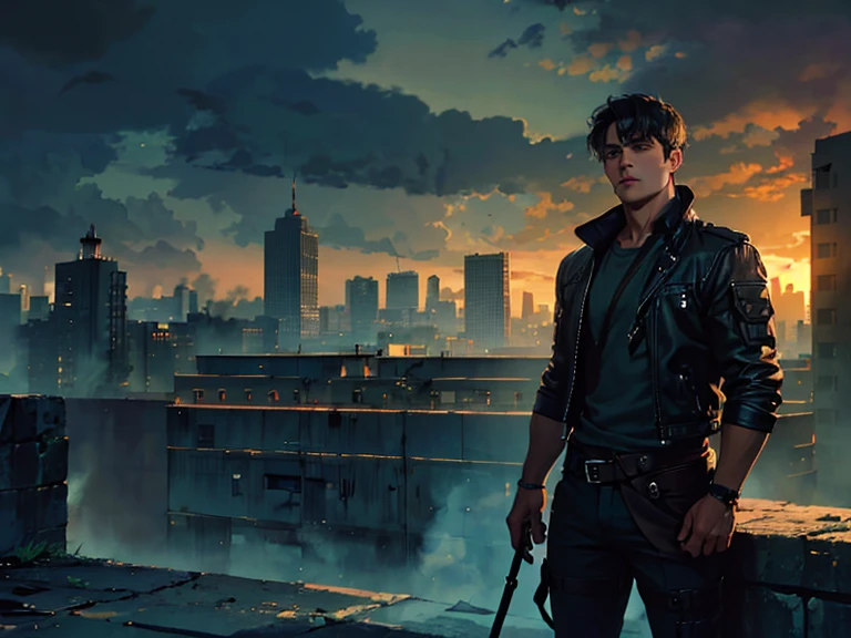 a man, 25 years old, black hair, hazel eyes, 6'1" height, rugged, muscular, standing on a rooftop, city in ruins behind him, smoke and fire emitting from the buildings, (best quality,4k,8k,highres,masterpiece:1.2),ultra-detailed,(realistic,photorealistic,photo-realistic:1.37),hyperrealistic, dramatic lighting, cinematic, moody atmosphere, dystopian, apocalyptic. Close up of face