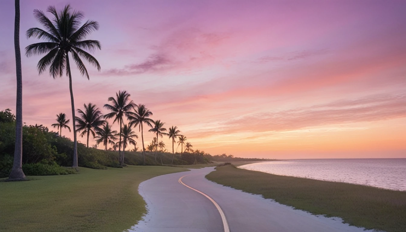 a serene coastal scene at sunset. Picture a bike path curving gently towards the beach, lined with tall, slender palm trees swaying gently in the breeze. The sky is painted in soft hues of pink, purple, and orange, reflecting the calmness of the approaching evening. A few wispy clouds add texture to the sky, while the ocean in the background captures the last glimmers of sunlight. The overall mood should evoke a sense of tranquility and the beauty of a tropical sunset.