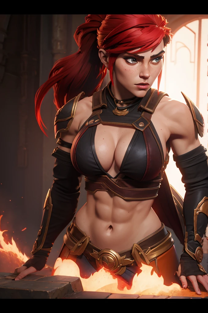 A muscular female warrior battle chasers nightwar red monika with red hair in a high ponytail, wearing a red and gold armored outfit. Her costume includes a form-fitting top and large shoulder guards, with a dark cloak around her neck. The background is dark with orange , adding a dramatic effect. JoeMAD2023,1girl, Red_Monica_v2, large breasts, action pose, 8k, uhd, best quality, cartoon, armor, trending on artstation, vibrant colors, epic fantasy, comic style,red hair, ancient city, toned body, abs,
