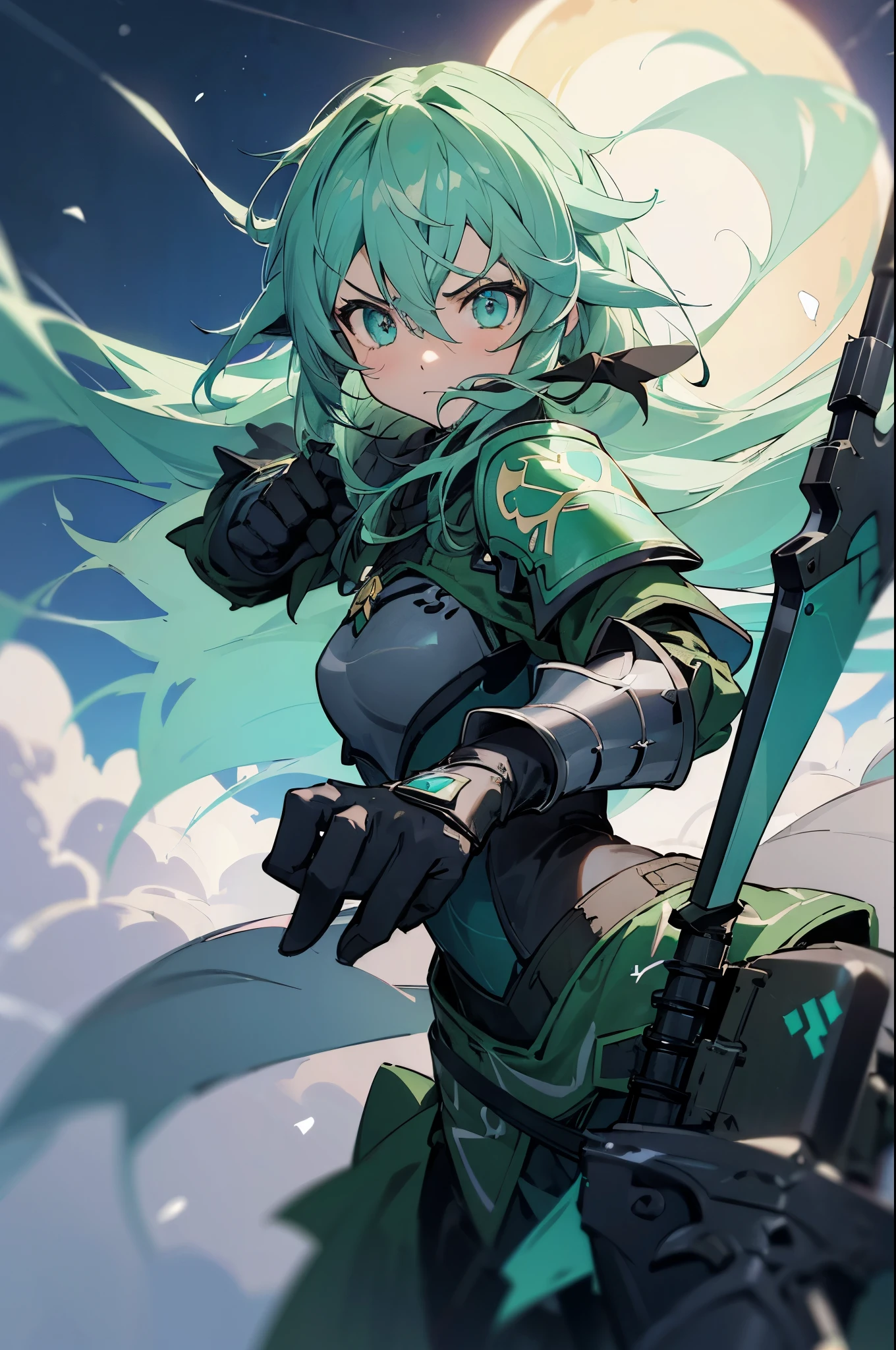 masterpiece, best quality, ((((1girl)))), (colorful),(finely detailed beautiful eyes and detailed face),cinematic lighting,extremely detailed 8k wallpaper, sky, cloudy_sky, building, moonlight, moon, night, (dark theme:1.3), light, fantasy, (((Only one character))), 1 girl, cyan hair, cyan eyes, Sinon Gun Gale Online, Final Fantasy XIV, fierce expression, ((Sinon)) ((Battle Armor)) ((Enraged)) ((Serious))