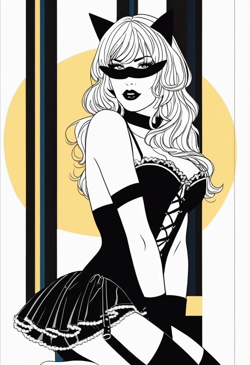 Coloring book、Black and white only. Mainline only.Vector line.Simple.Plump, pursed lips, freckles, Long curly black and yellow hair with bangs, Crystal blue eyes with smoky eyeshadow and black eyeliner, Delicate fingertips,Black Bikini.Black thigh-high boots with stiletto heels.Black corset.Black Long Gloves.Black garter belt.Full body image of a woman.No background.Cat mask.Delicate pose
