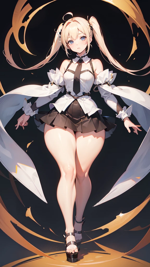 blank background, (((full body))), (masterpiece), ((best quality)), (very short girl), flat chest, short twintail, wide hips:1.8, (thick thighs:1.5), (very short skirt), toeless footwear