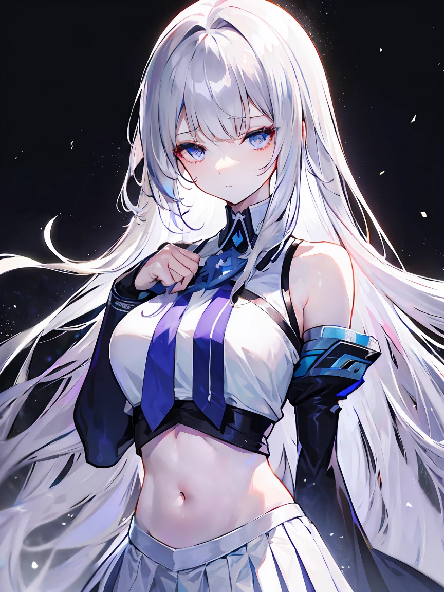 Light purple gradient hair,asymmetrical hair,((Thick hair 1.8,Clear head outline 1.6)), Shoulder-length hair, messy hair, Very long hair, shiny hair,(long gray hair:1.2),A beautiful girl,(White school uniform, Black skirt,Navel,Bare shoulders,Blue tie)(Separate sleeves,Wide sleeves),(Fingerless gloves),(Transparent clothes transparent 1.8),Perfect body,,(Looks sad,Looks haggard ,Grief,shut your mouth:1.2) With dark forest background,,Upper body photo。(avatar)