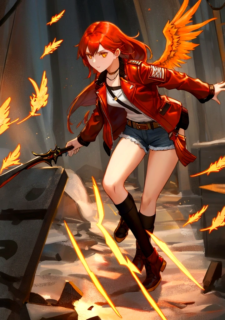 A stylish female assassin, 19 years old, with short fiery red-orange hair and a deep voice. She embodies the essence of a phoenix. She wears a black leather jacket and denim shorts, with a dagger attached to her thigh. Her leather jacket features subtle patterns of phoenix feathers, and she has a phoenix tattoo on her arm. She stands confidently against a pure white background, exuding a strong and rebellious attitude. Her eyes glow with a golden hue.