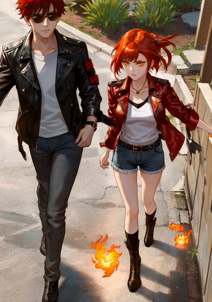 A stylish female assassin, 19 years old, with short fiery red-orange hair and a deep voice. She embodies the essence of a phoenix. She wears a black leather jacket and denim shorts, with a dagger attached to her thigh. Her leather jacket features subtle patterns of phoenix feathers, and she has a phoenix tattoo on her arm. She stands confidently against a pure white background, exuding a strong and rebellious attitude. Her eyes glow with a golden hue.