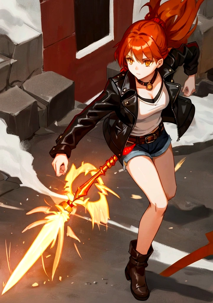 A stylish female assassin, 19 years old, with short fiery red-orange hair and a deep voice. She embodies the essence of a phoenix. She wears a black leather jacket and denim shorts, with a dagger attached to her thigh. Her leather jacket features subtle patterns of phoenix feathers, and she has a phoenix tattoo on her arm. She stands confidently against a pure white background, exuding a strong and rebellious attitude. Her eyes glow with a golden hue.