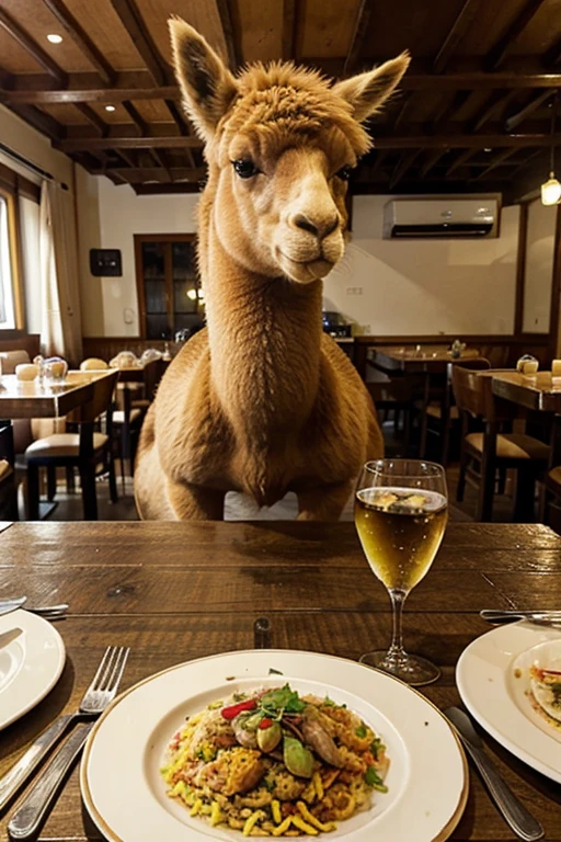 An alpaca eating at a Spanish restaurant in Saitama Prefecture。On the table is the main course of paella and a glass of water.、Cutlery is laid out。
