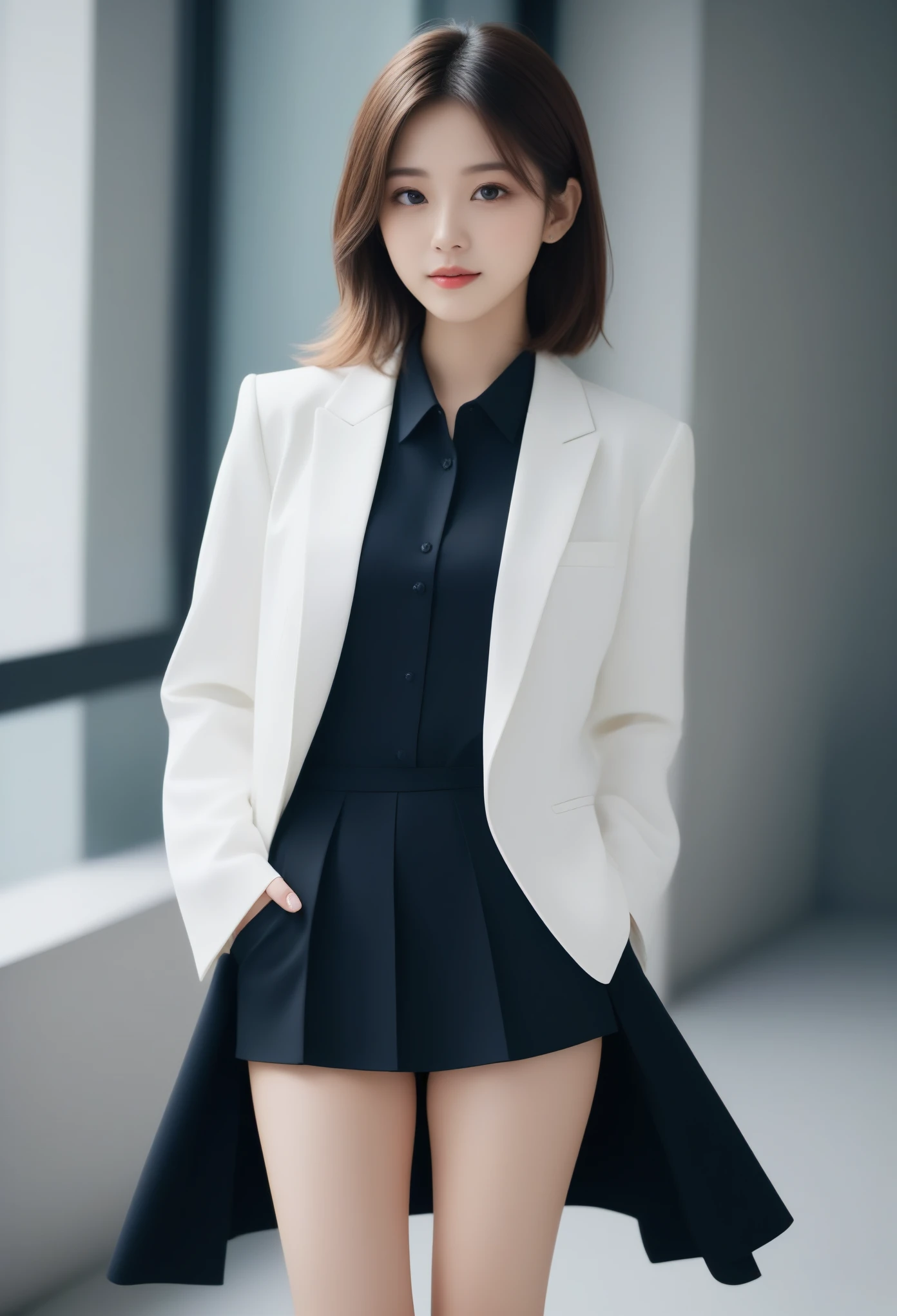 8k, Ultra-high resolution, Highest quality, masterpiece, 三分割法によるphotograph,Surreal, photograph, 1 girl, (16 years old:1.3), pretty girl, Cute face, Beautiful eyes in every detail, 細かくdetailedに,masterpiece,, One Girl:1.2, Japan Female Announcer,Young Wife,Urban area,whole body, Beautiful Face, (Skin with attention to detail:1.2), wearing black formal blazer,Black high heels、Black Pencil Skirt、Short Bob,Looking at the audience、beauty,Long neck、Laugh a little、Please close your mouth and laugh、(((Ideal body type))),A-cup small breasts :2,、Portraiture:2、Perfect Anatomy、鮮明なdetailed、detailed、Surreal、Light and shadow,Strong light 