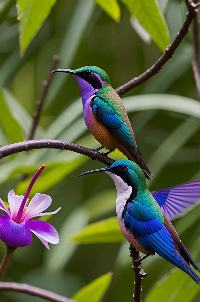 Colibri en un bosque comiendo de una flor con arociris de fondo