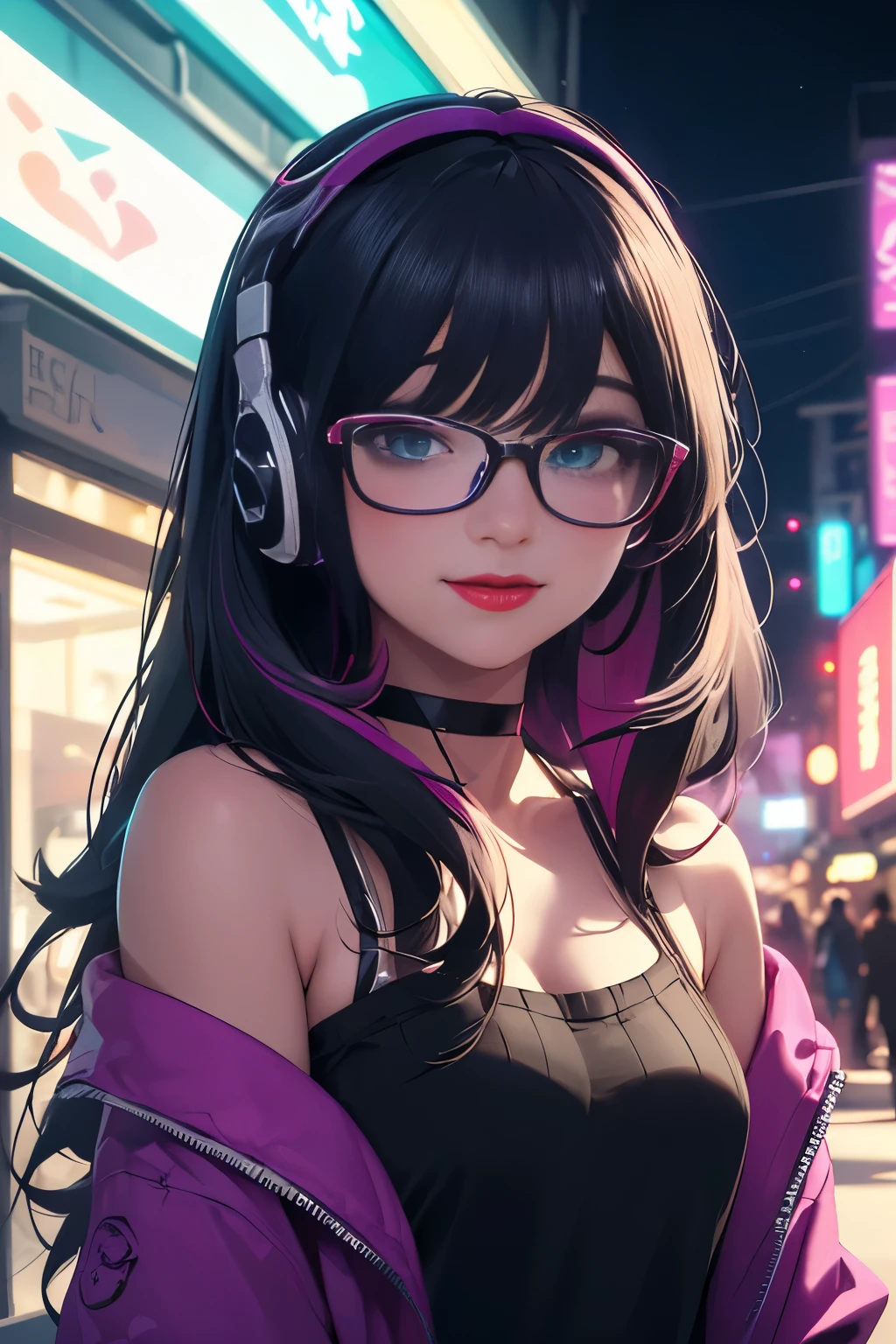 (Best quality, Ultra detailed, Masterpiece:1.2), 1girl, perfect face, female, gamer girl, aqua eyes, cherry-red lips, light smile, long black hair, purple streaked hair, purple highlights, bangs, choker, nerdy glasses, wearing headphones, white off-shoulder sweater, nighttime, neon lights in the background, colorful lights