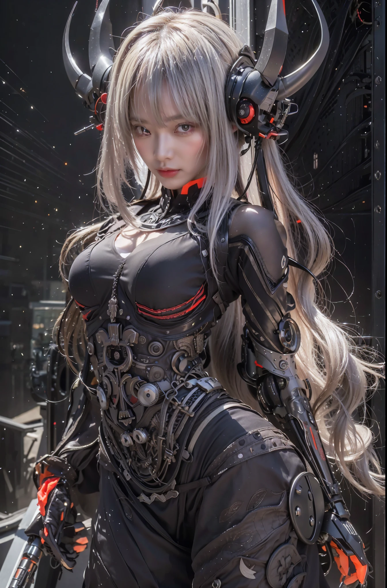 Beautiful Face,face is Japan, 1 Female, Big, Curvaceous, Top Quality, Masterpiece, Ultra Detailed, (Tube Attached Blood Vessel)((Bikini Cyborg Robot Parts)))), (Light Grey Hair), Long Hair, Wavy Hair, Twin Tails, Medium Shot, (((Seductive Smile)), (Black Eyes), Princess Cut,From Below, (whole body ),posing,,in the laboratory,( blood vessel connected to a tube),((mechanical vertebrae attached to the back)),((mechanical neck attached to the neck)),(wire cable attached to the head and body),(character focus),science fiction,