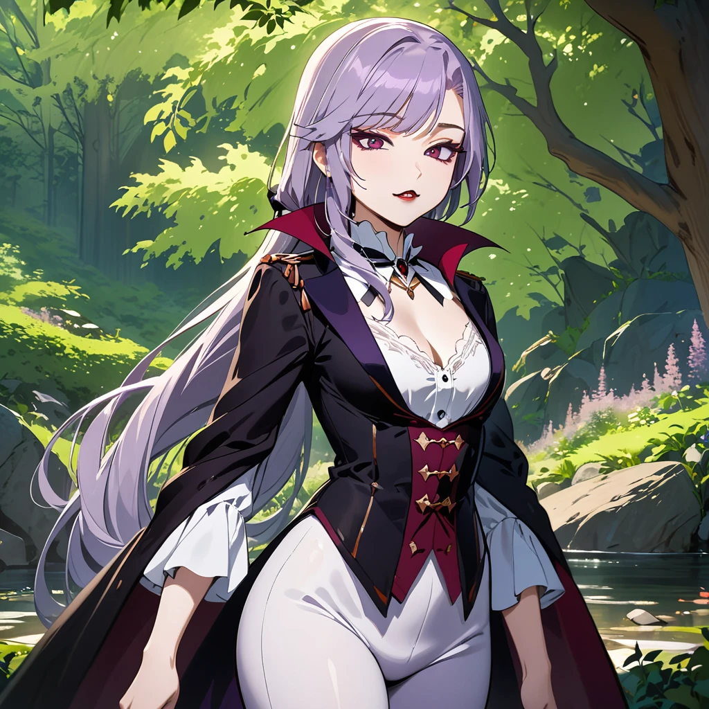 (masterpiece, best quality:1.2), 1girl, solo, Sonata, purple hair, vampire, nature background