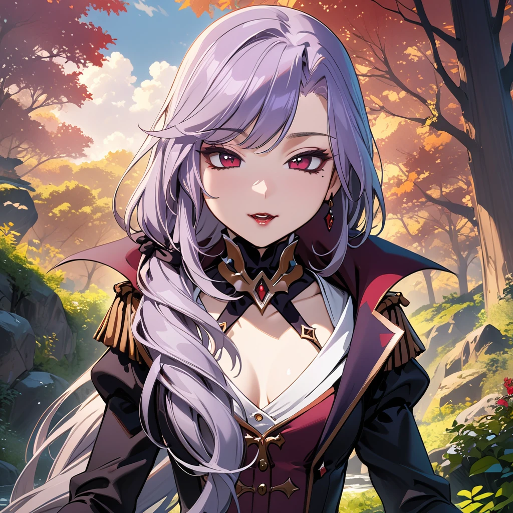 (masterpiece, best quality:1.2), 1girl, solo, Sonata, purple hair, vampire, nature background