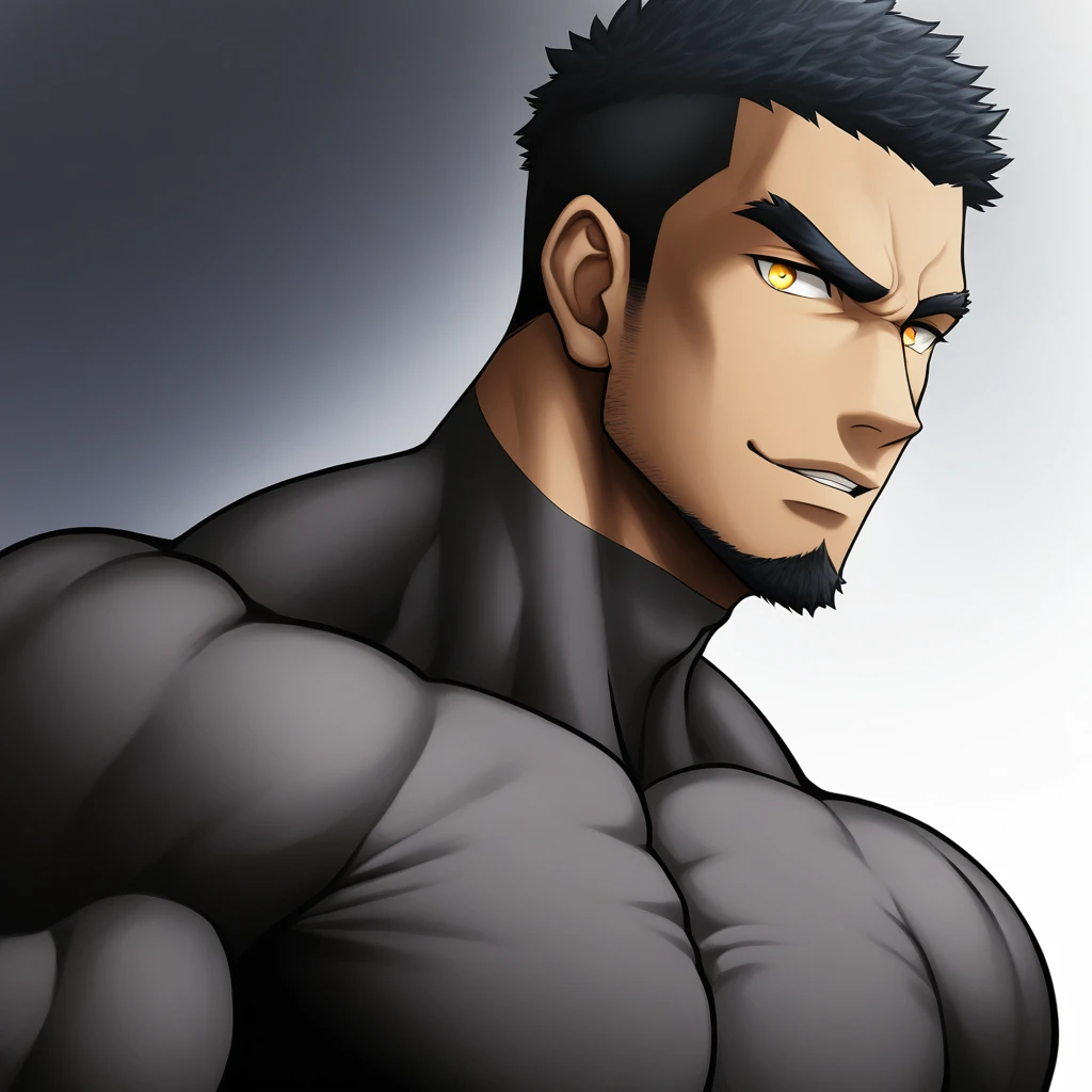 one negro, anime characters:Gyee, Hibino Kafka, Muscle Sports Student, negro black skin, Very Black, 1 muscular tough guy, Manliness, male focus, Dark grey ong sleeve tights, Regular symmetrical pattern, Very tight, The pectoral muscles are oversized, muscular male, muscular, only, Upper body, alone, Black short hair, Thick eyebrows, stubble, Yellow eyes, White background, simple background, amazing quality, best aesthetics, Ridiculous, bright pupils, crew cut, parted lips, seductive smile, torogao, naughty face, best quality