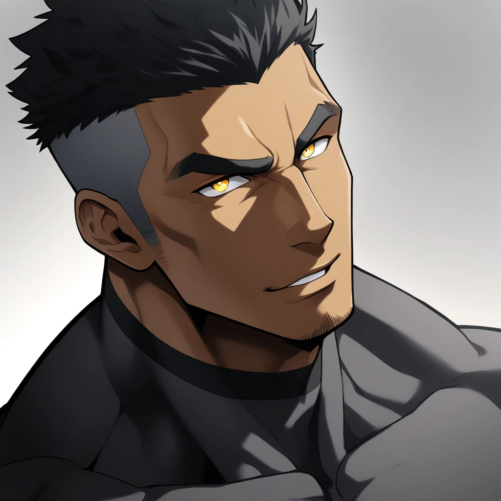 one negro, anime characters:Gyee, Hibino Kafka, Muscle Sports Student, ????? black skin, Very Black, 1 muscular tough guy, Manliness, male focus, Dark grey ong sleeve tights, Regular symmetrical pattern, Very tight, The pectoral muscles are oversized, muscular male, muscular, only, Upper body, alone, Black short hair, Thick eyebrows, stubble, Yellow eyes, White background, simple background, amazing quality, best aesthetics, Ridiculous, bright pupils, crew cut, parted lips, seductive smile, torogao, naughty face, best quality