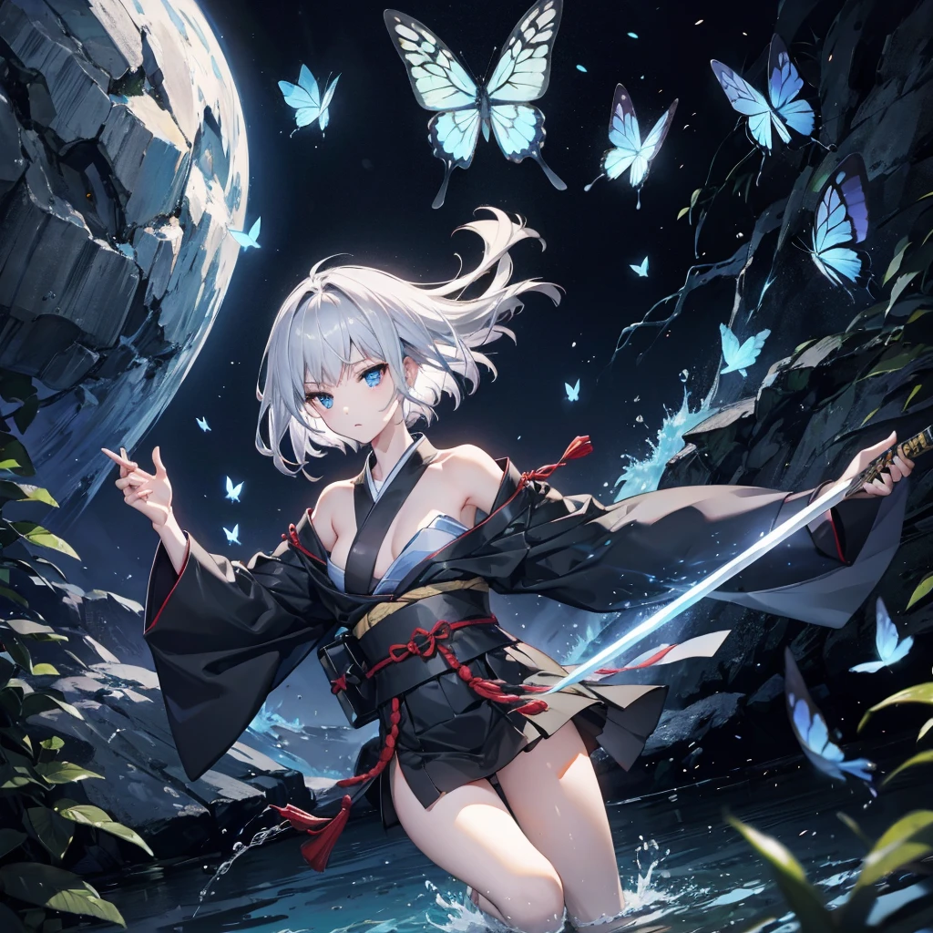 ((High resolution　Gray Hair　short hair　Black kimono　Black Band　military commander　Lonely　despair　blue eyes))　((Yellow butterfly　night　Japanese style　shoulder　old　Shining Aura　garden　water surface))　(dance　Blade of Darkness　Holding a sword　Slashing)　moon　star　Draw your sword　Slashing　Catch the wind　