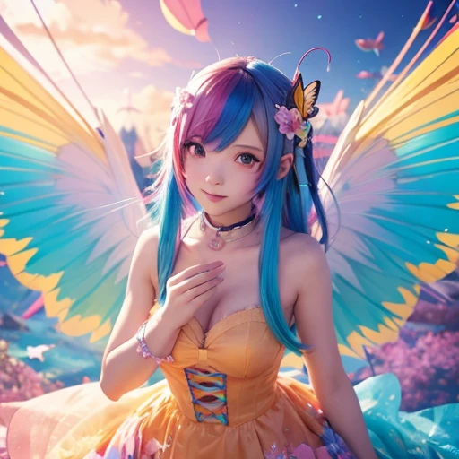 Anime girl with colorful hair and colorful dress, rossdraws pastel vivid, rossdraws cartoon vibrant, Anime Style 4k, Beautiful anime portraits, art germ colorful!!!, ! Dream Art Germ, Beautiful Anime Girls, Anime style digital art, anime art wallpaper 4k, anime art wallpaper 4k, Digital anime art, Highly detailed art gems　Butterfly Wings