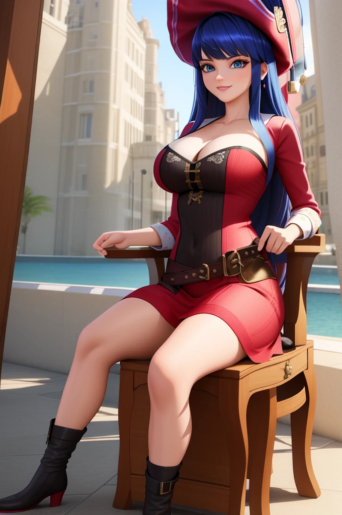 (8k, RAW photo, best quality, masterpiece:1.2), (intricate details), perfect eyes, perfect face, perfect lighting, beautiful, (masterpiece:1.2), (best quality:1.2), 1girl, solo, Marinette, blue hair, (( loosen hair, bangs )), adult torso, 19 years old, smirking, huge sized breasts, (short red pirate dress), pirate hat, cowboy shot, 3DMM, seated, front view