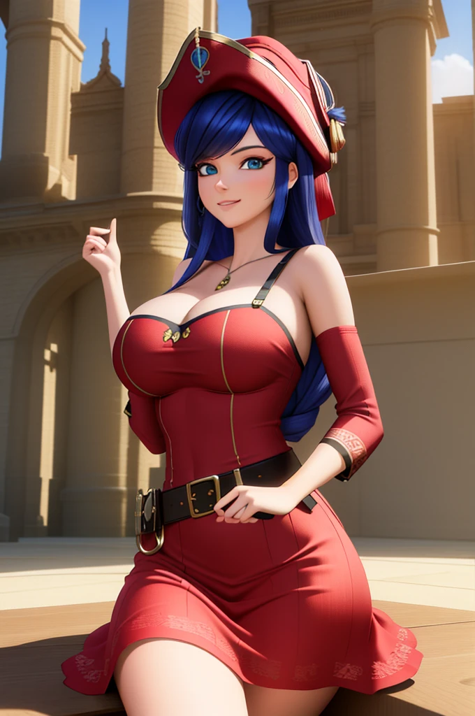 (8k, RAW photo, best quality, masterpiece:1.2), (intricate details), perfect eyes, perfect face, perfect lighting, beautiful, (masterpiece:1.2), (best quality:1.2), 1girl, solo, Marinette, blue hair, (( loosen hair, bangs )), adult torso, 19 years old, smirking, huge sized breasts, (short red pirate dress), pirate hat, cowboy shot, 3DMM, seated, front view 