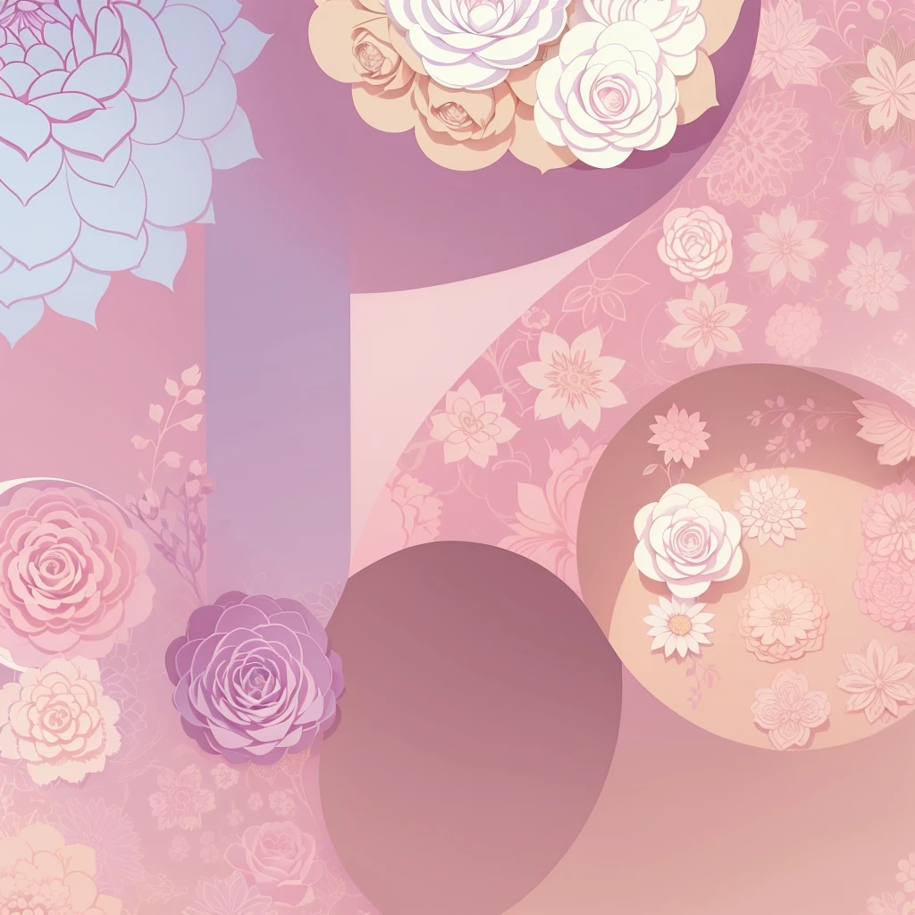 Set pattern of large flowers with plants, defined shape, flat style, vector style, drawing style, naïve style, wallpaper style, in soft pastel colors such as old pink, pastel blue, light blue, beige, pastel violet, pastel yellow and white. No shadows in the images.
