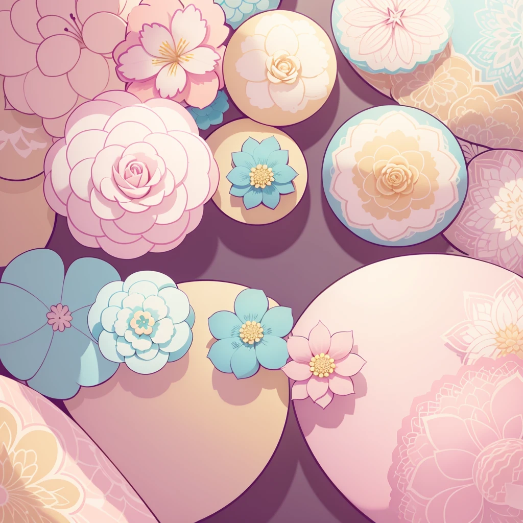 Set pattern of large flowers with plants, defined shape, flat style, vector style, drawing style, naïve style, wallpaper style, in soft pastel colors such as old pink, pastel blue, light blue, beige, pastel violet, pastel yellow and white. No shadows in the images.